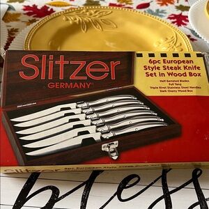 6pc European Style Steak Knife Set in Wood Box - Silver and Dark Cherry